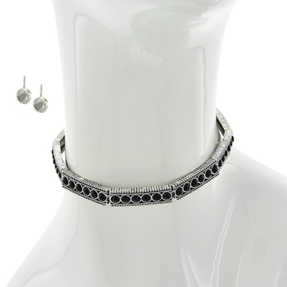 BURNISHED SILVER TONE BLACK STONE CHOKER SET